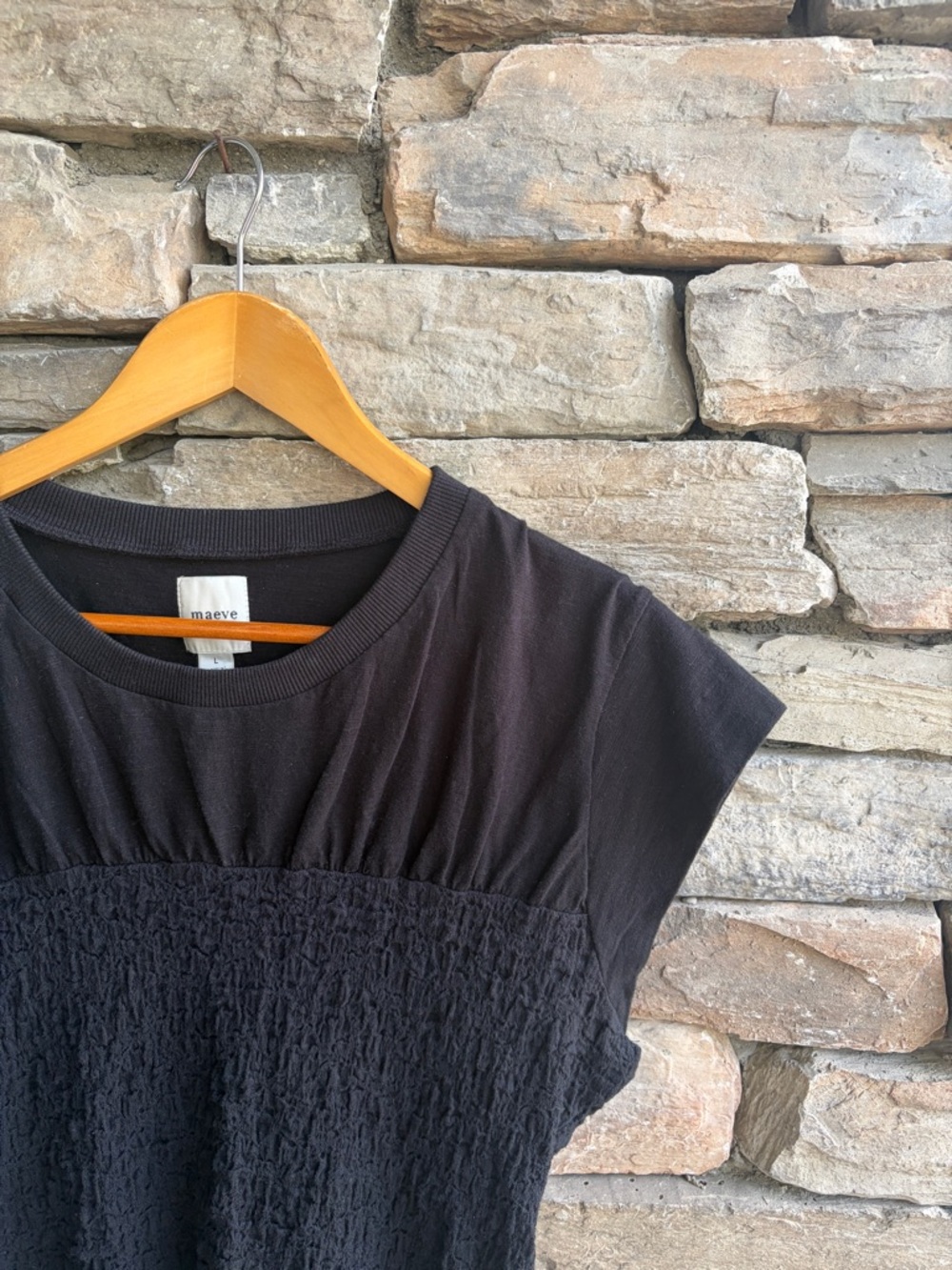 Anthropologie Maeve Cap Sleeve Smocked Tee Top Black Cotton